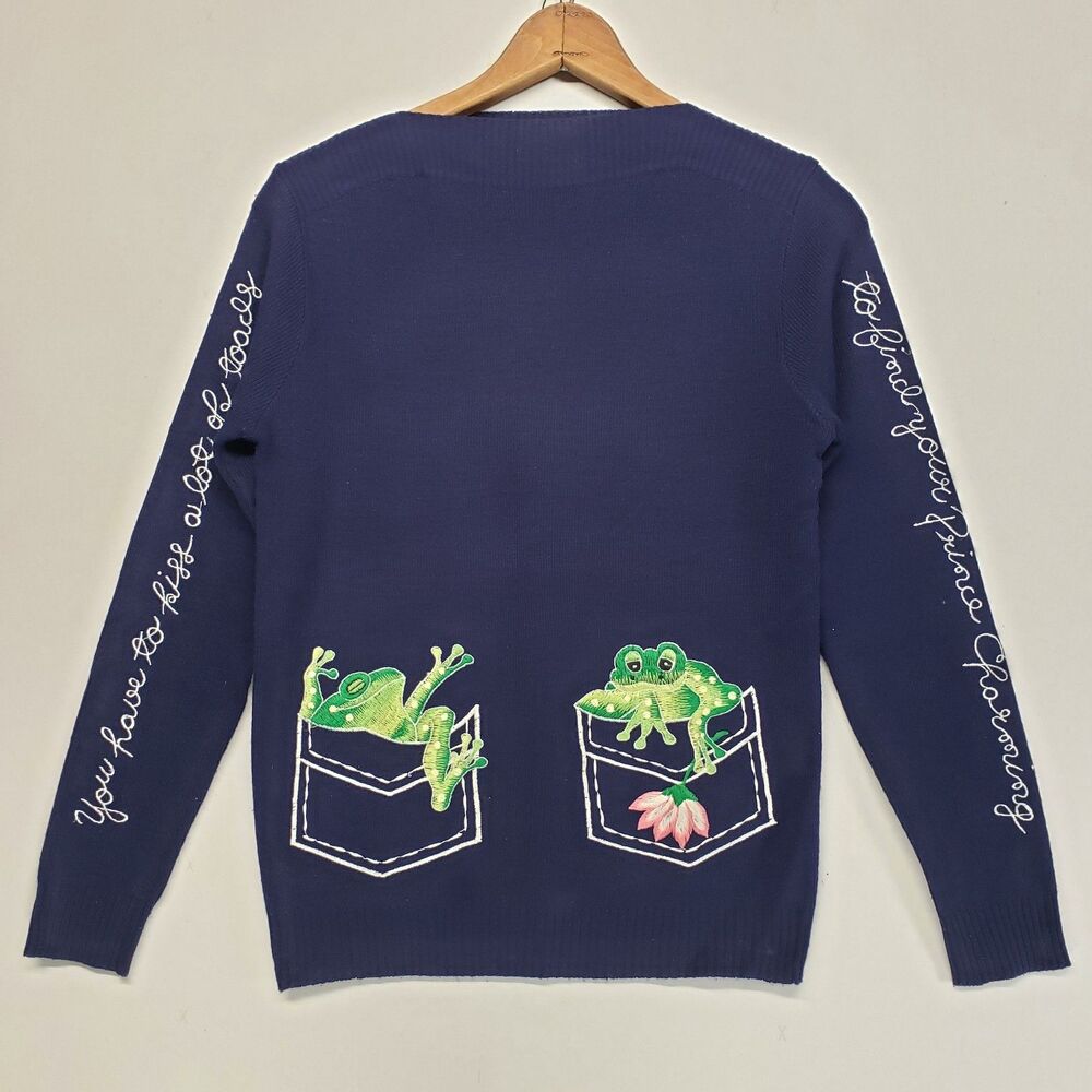 Vintage Cyn Les Shirlee Sweater Womens Size L Blue Retro 1970s Embroidered Frogs